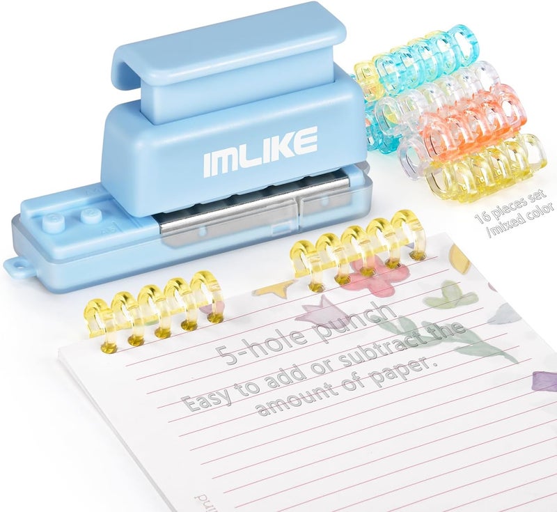 IMLIKE Mini 5-Hole Binding Machine - 5 Holes Binding Machine with 16 Loose-Leaf Binding Strips - Easy to Add or Remove Papers, 4 Sheets Capacity (A4/30 Holes, B5/26 Holes, A5/20 Holes) - Blue - Image 1
